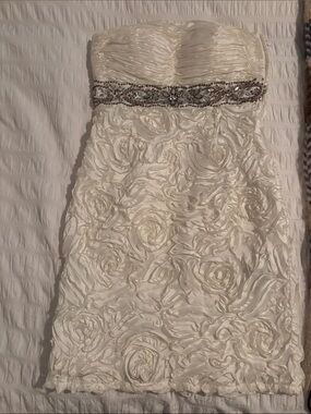 JS Boutique White Strapless Rosette Mini Dress with Jeweled Waistband